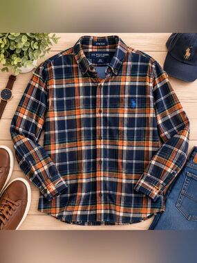 U.S. Polo Assn Men’s 2XL Navy Orange Plaid Stretch Long Sleeve Button Down Shirt